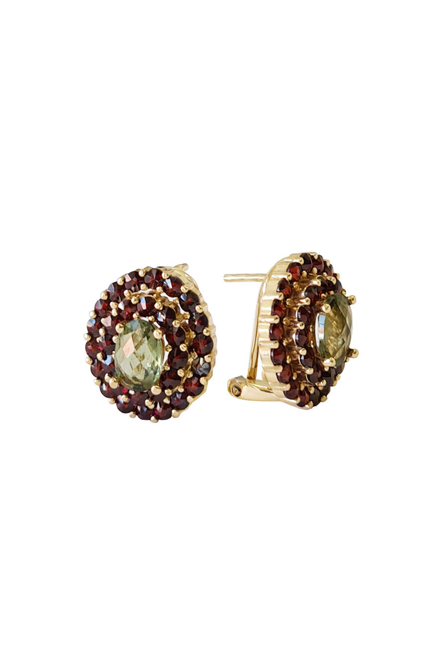 Gold earrings, garnet, moldavite