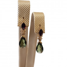 Gold earrings with garnet and moldavite