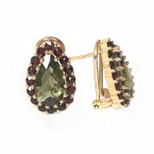 Gold earrings, garnet, moldavite