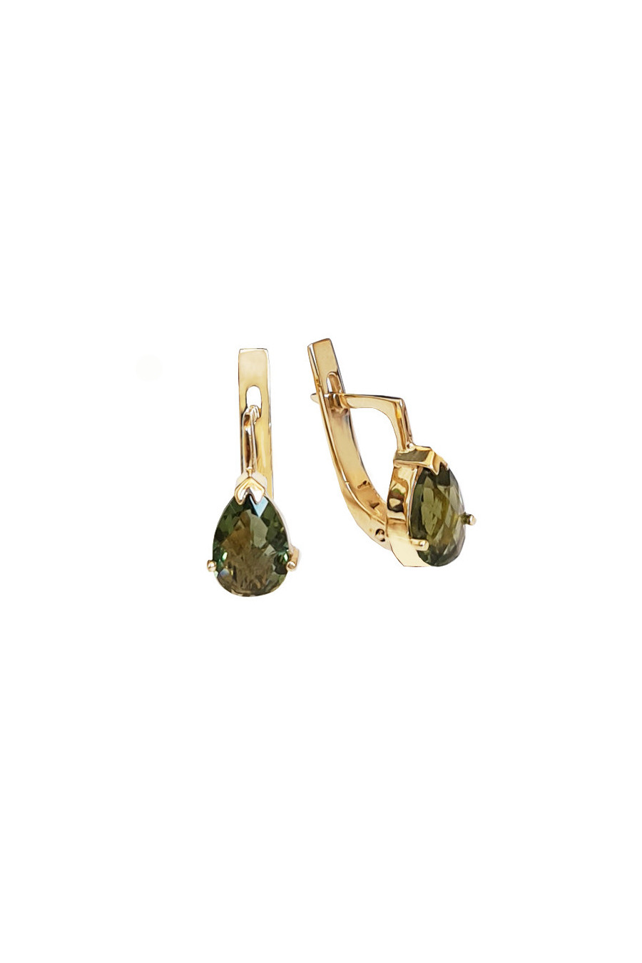 Gold earrings, moldavite